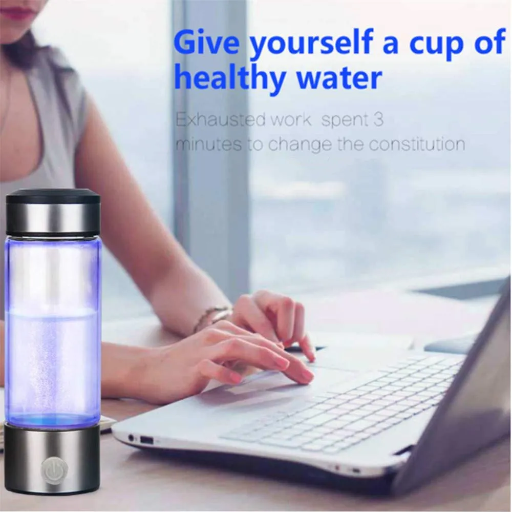 3 Mins Negative Ion Hydrogens-Rich Water Cup Generator Alkaline 450ML Portable USB Charge Electrolytic Generator Lonization Bottle Glass Anti-Aging Health Care Cup