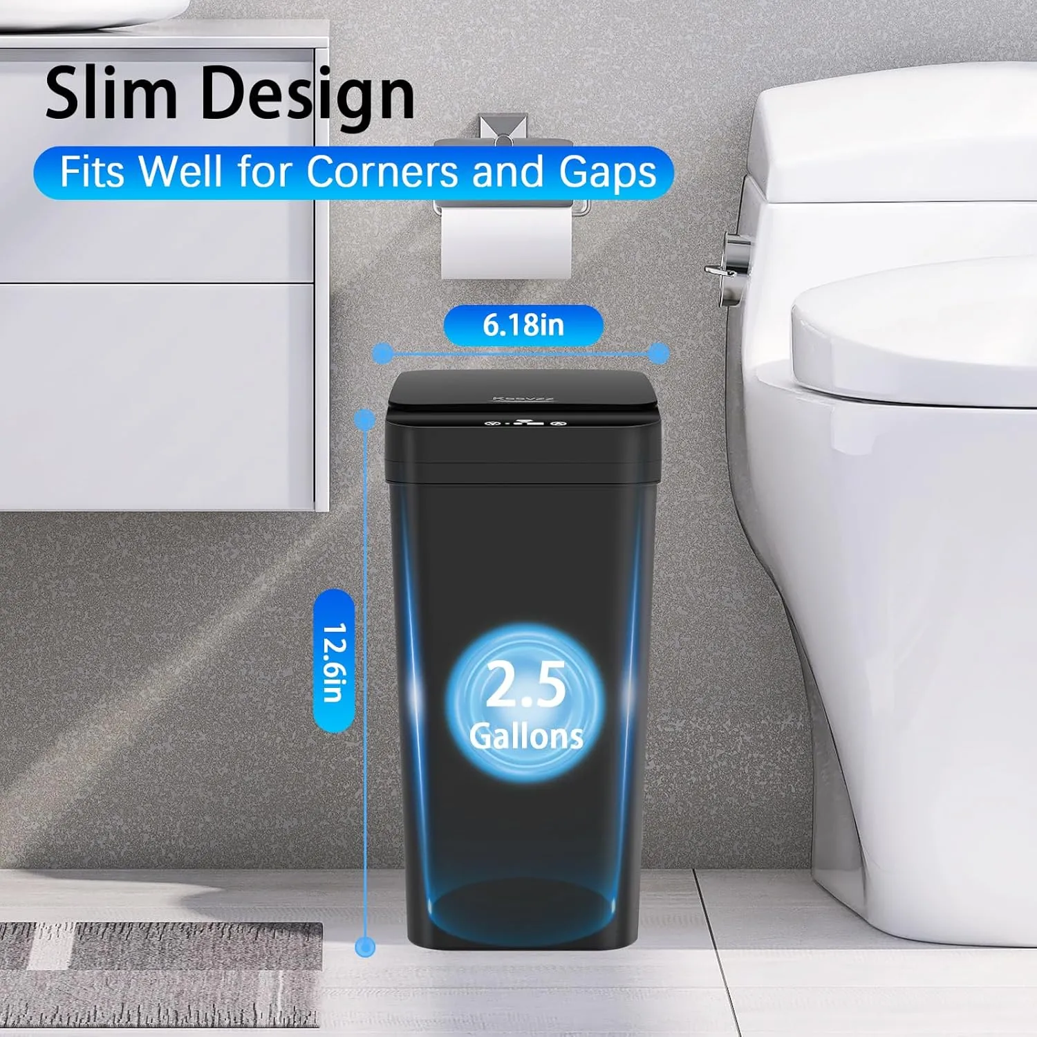 3 Pack Automatic Small Bathroom Trash Can with Lid - 2.5 Gallon Touchless Garbage Can, Motion Sensor Smart Trash Bin, Slim Dog Proof Trashcan, Waterproof Wastebasket for Bedroom Office Kitchen (Black)