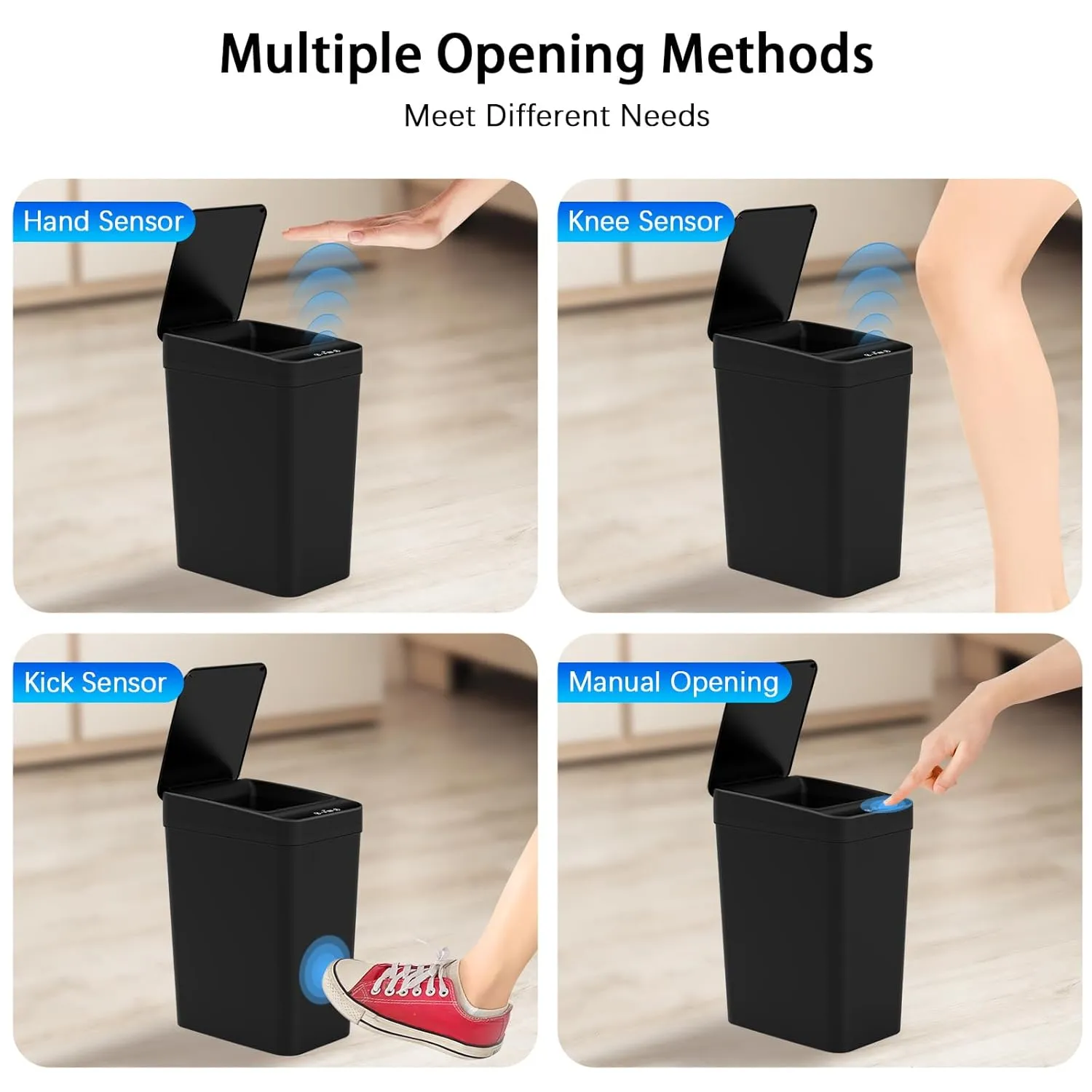 3 Pack Automatic Small Bathroom Trash Can with Lid - 2.5 Gallon Touchless Garbage Can, Motion Sensor Smart Trash Bin, Slim Dog Proof Trashcan, Waterproof Wastebasket for Bedroom Office Kitchen (Black)