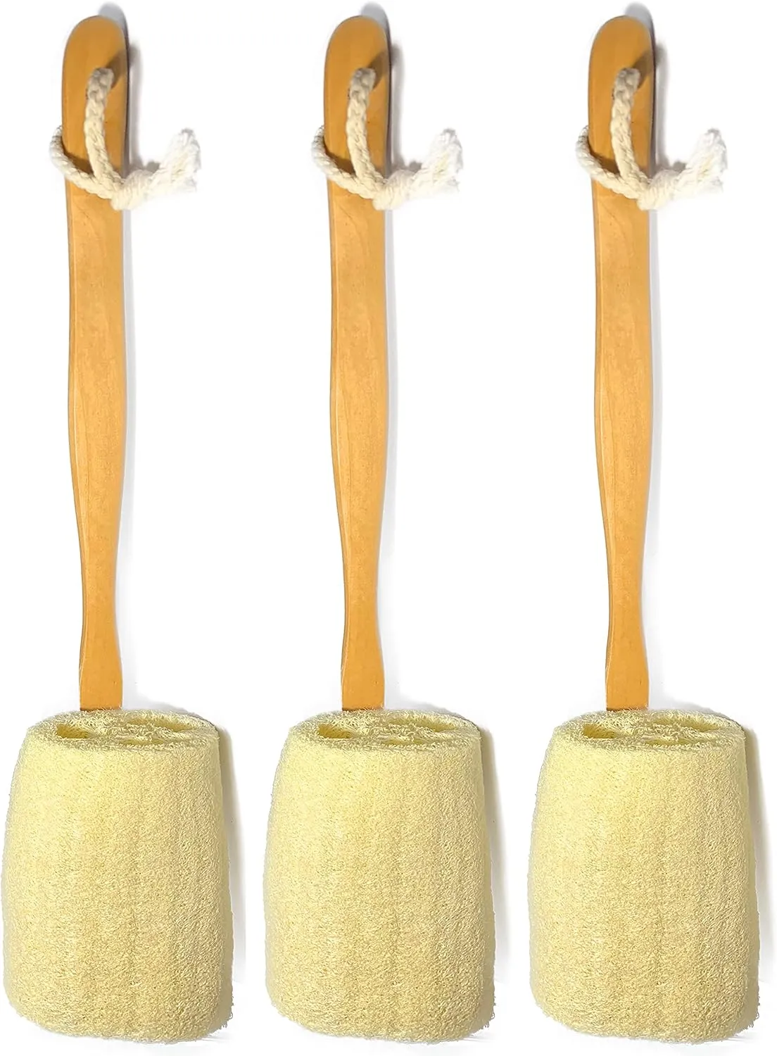 3 Pack Natural Exfoliating Loofah luffa loofa Bath Brush On a Stick - with Long Wooden Handle Back Brush for Men & Women - Shower Sponge Body Back Scrubber