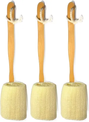 3 Pack Natural Exfoliating Loofah luffa loofa Bath Brush On a Stick - with Long Wooden Handle Back Brush for Men & Women - Shower Sponge Body Back Scrubber