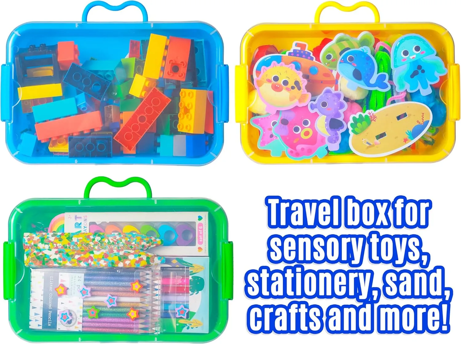 3 Pack,Empty Sensory Bin,13.5 Inch Storage Container,Portable Plastic Storage Bins, Stackable Play Tray for toys,arts,crafts and sand.