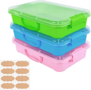 3 Pcs Plastic Sensory Bins,Portable Sandbox Container with Handle & Clear Lid, Stackable Play Tray for Kids Storage Sand,Toys & Crafts,Organizing Container for Home,Office and More(Green Blue Pink)