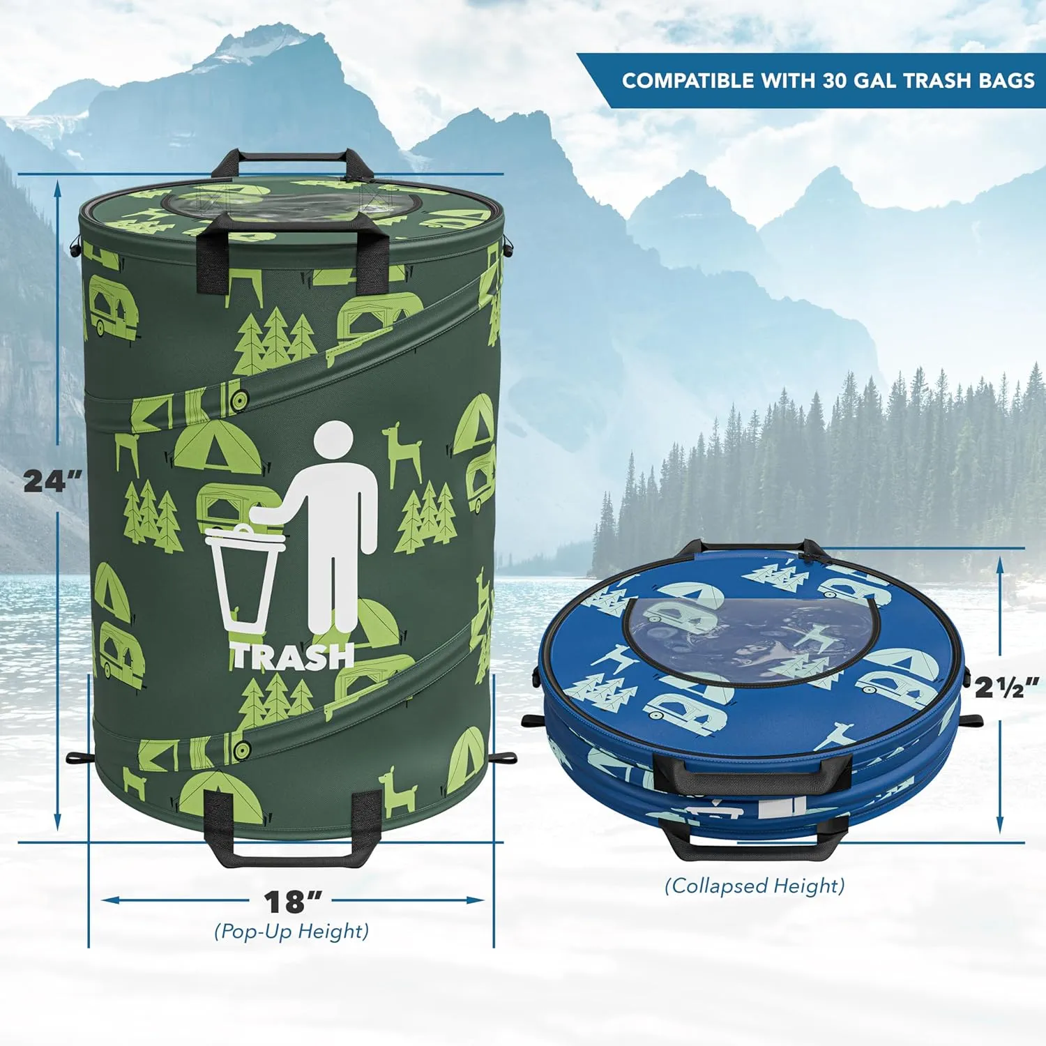 30 Gallon Collapsible Pop-Up Trash & Recycling Cans for RV's, Camping, Recycling, Yard Waste, Leaf Bag, Children Toy Bin (Trash & Recycling Cans)