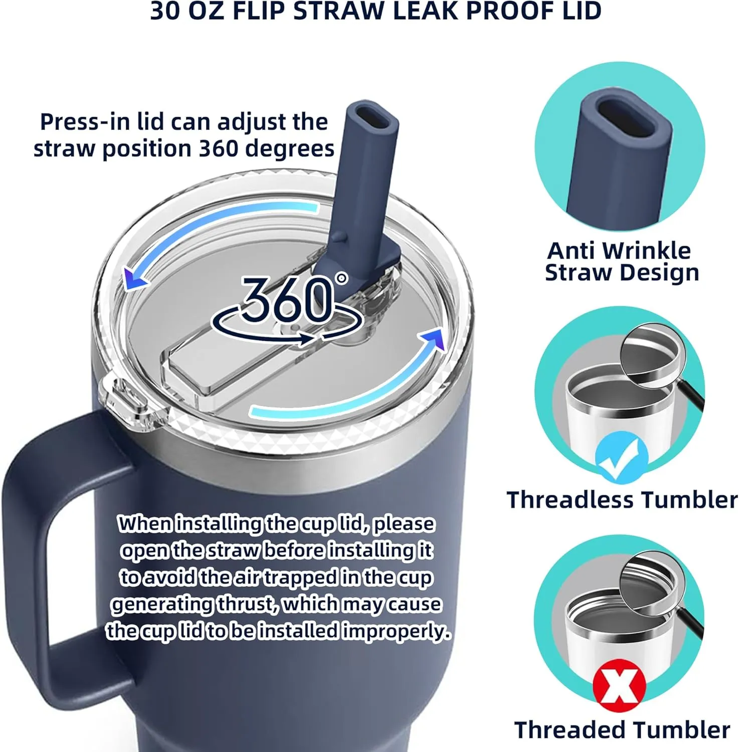 30 oz Straw Leak Proof Lid for YETI, Tumbler Lid for Yeti Rambler 30/32 oz Tumbler,26/35/42 oz Straw Mug,and Hydro Flask 32/40oz Travel Tumbler,Replacement Lid BPA Free(Navy*2)