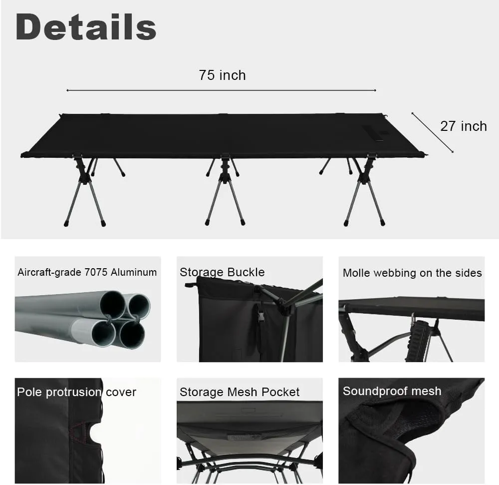 31" Extra Wide Camping Cot for Adults, Upgrade 1000D Oxford Camping Bed with Pillow, Ultralight Height Adjustable, Oversized Cots for Outdoor Camp Travel Hiking Home, Support 500lb (Black, 83*31 inch)