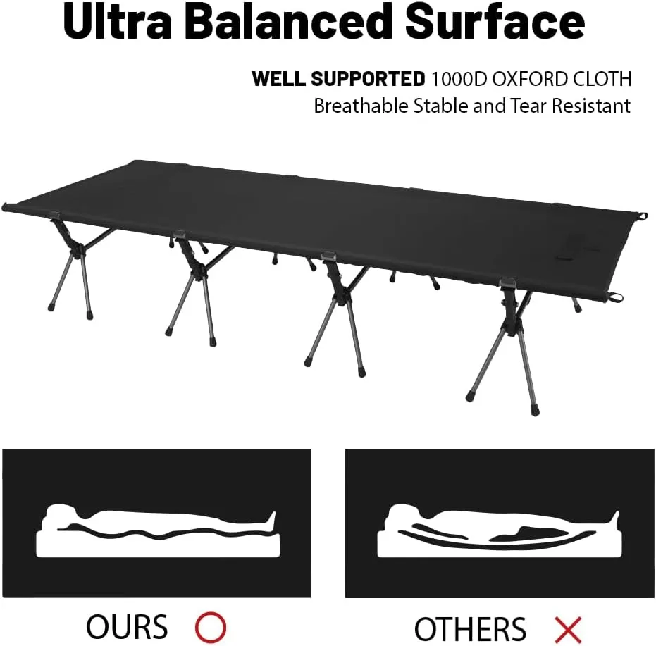 31" Extra Wide Camping Cot for Adults, Upgrade 1000D Oxford Camping Bed with Pillow, Ultralight Height Adjustable, Oversized Cots for Outdoor Camp Travel Hiking Home, Support 500lb (Black, 83*31 inch)