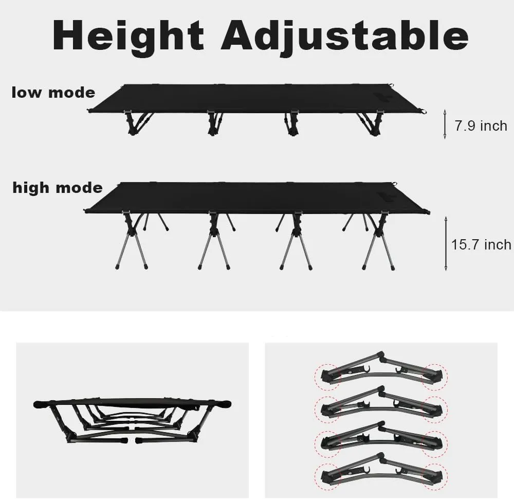31" Extra Wide Camping Cot for Adults, Upgrade 1000D Oxford Camping Bed with Pillow, Ultralight Height Adjustable, Oversized Cots for Outdoor Camp Travel Hiking Home, Support 500lb (Black, 83*31 inch)