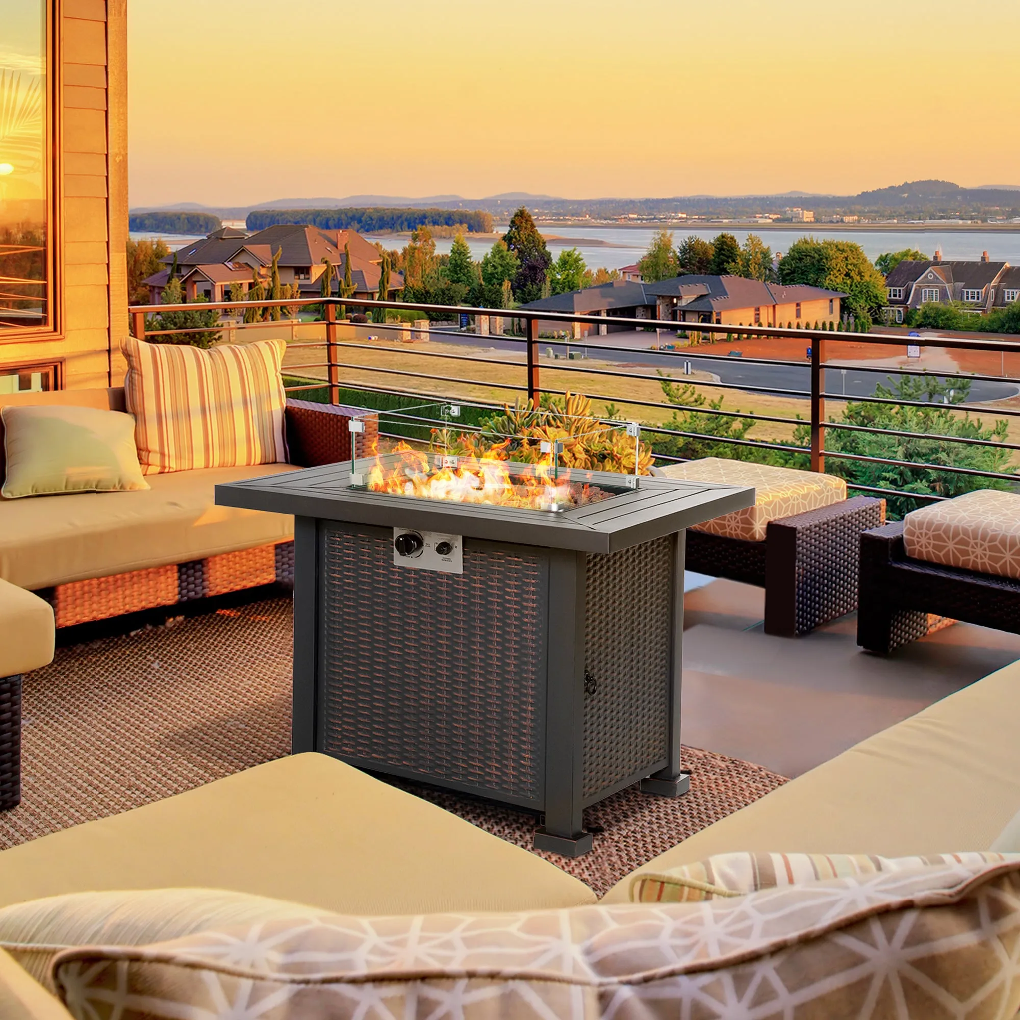 32" Propane Gas Firepit Table with 50,000 BTU Burner, Glass Wind Guard & Lava Rocks, Black