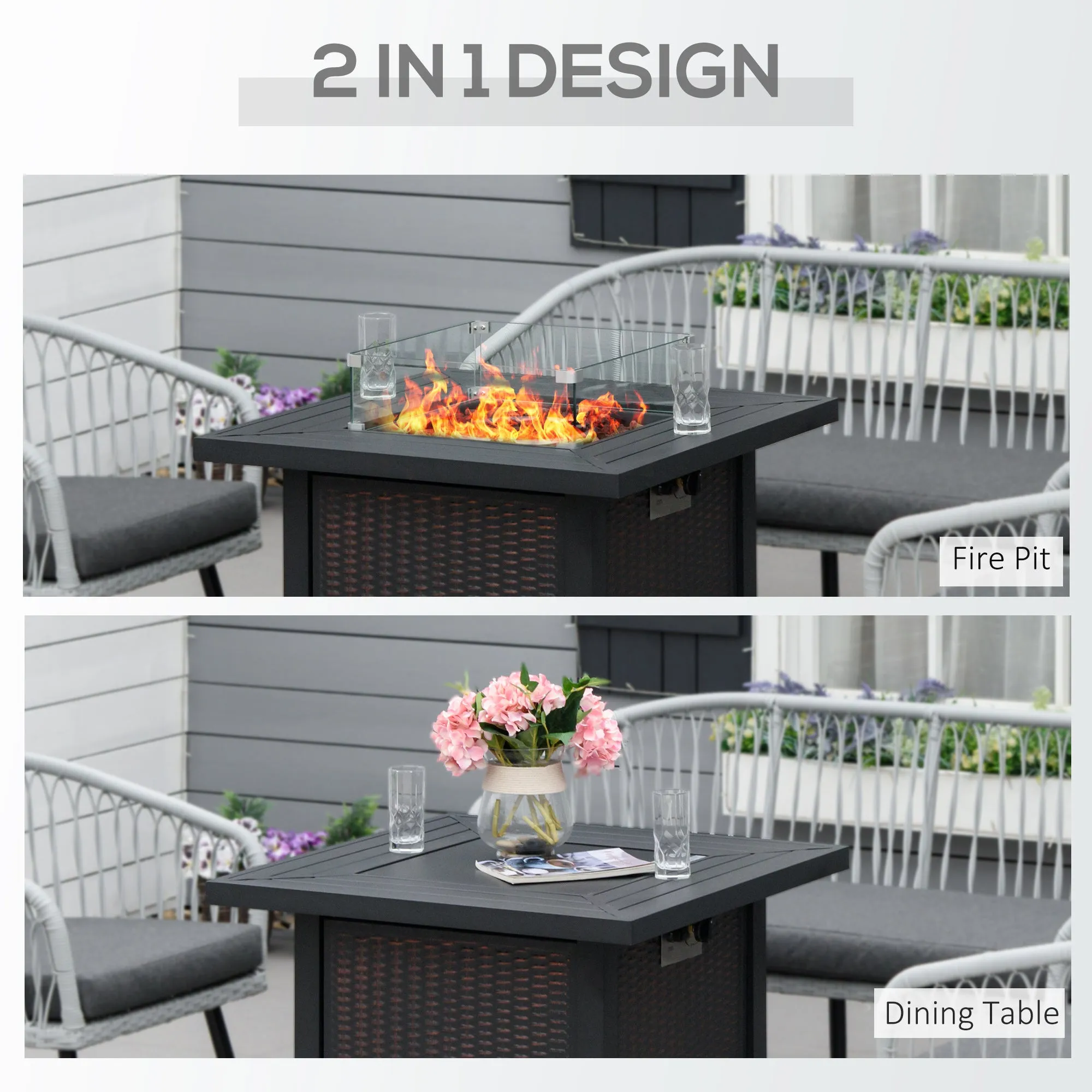 32" Propane Gas Firepit Table with 50,000 BTU Burner, Glass Wind Guard & Lava Rocks, Black