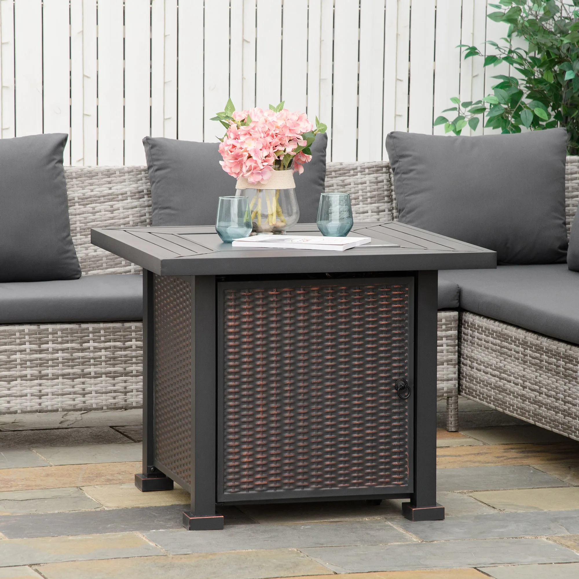32" Propane Gas Firepit Table with 50,000 BTU Burner, Glass Wind Guard & Lava Rocks, Black