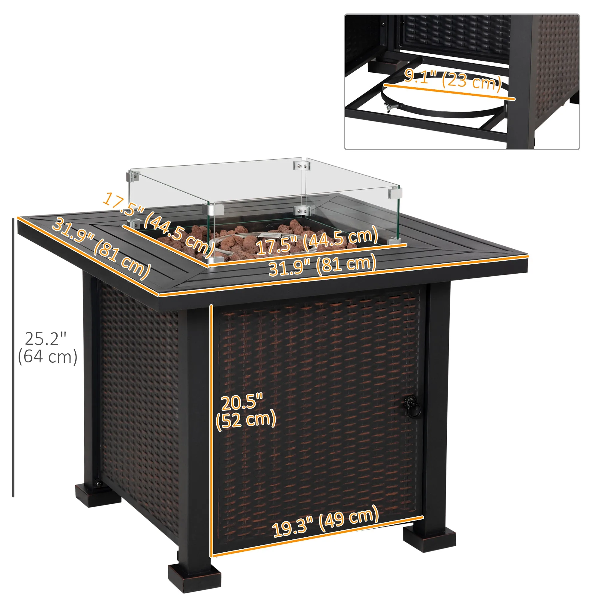 32" Propane Gas Firepit Table with 50,000 BTU Burner, Glass Wind Guard & Lava Rocks, Black