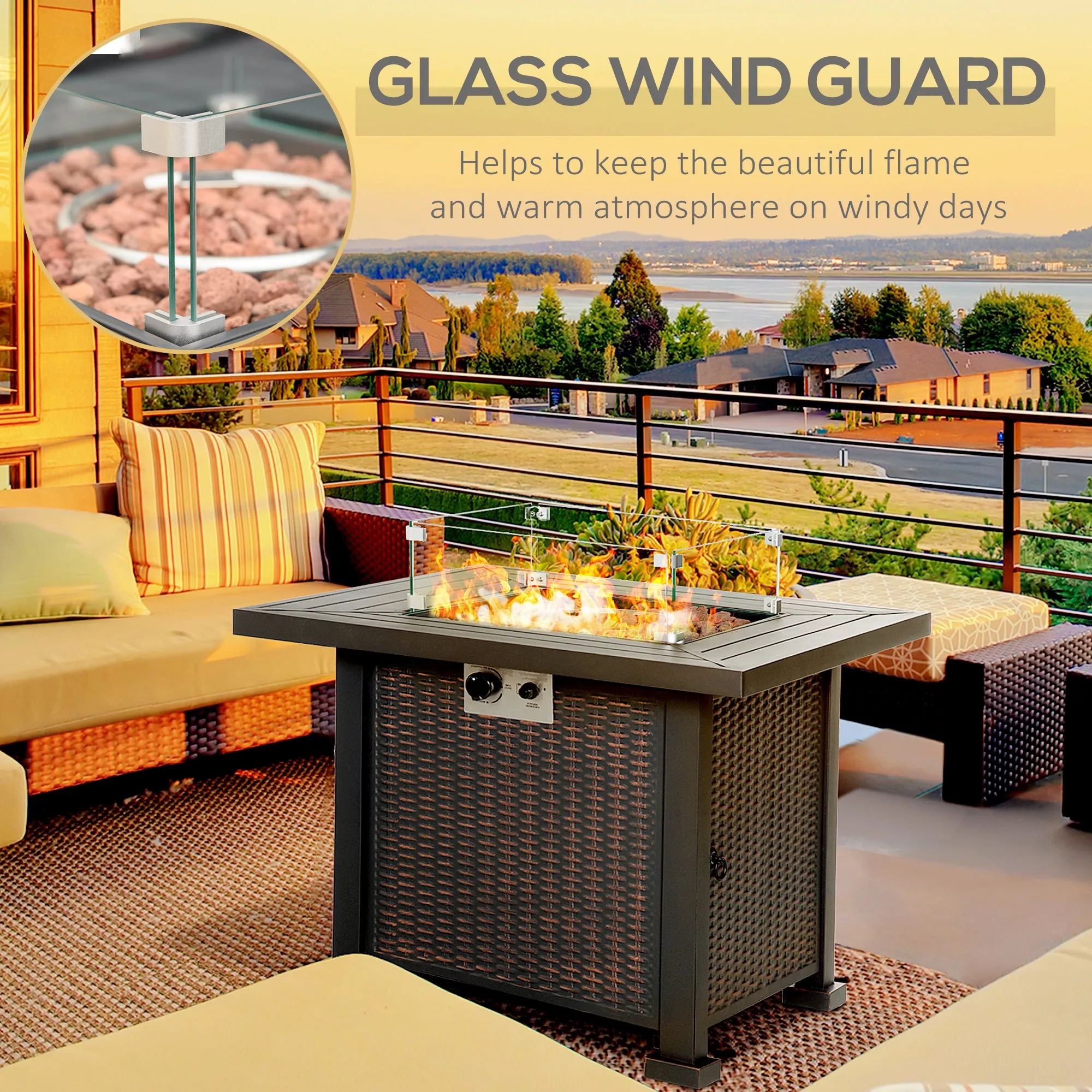 32" Propane Gas Firepit Table with 50,000 BTU Burner, Glass Wind Guard & Lava Rocks, Black