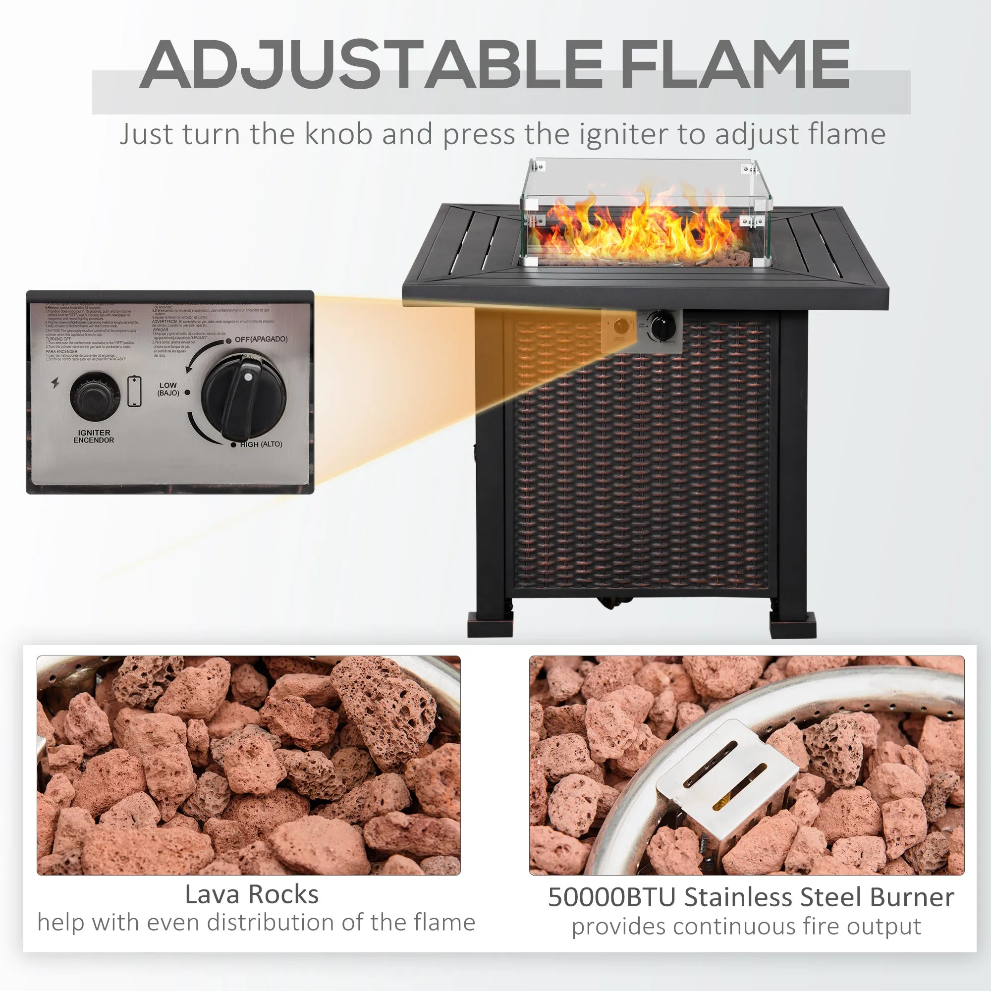 32" Propane Gas Firepit Table with 50,000 BTU Burner, Glass Wind Guard & Lava Rocks, Black