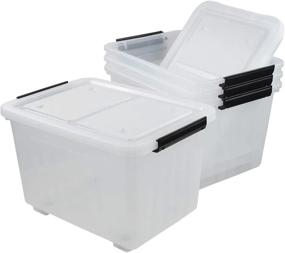 35 Quart Plastic Storage Bin, 4 Packs, Latching Storage Box with Wheels