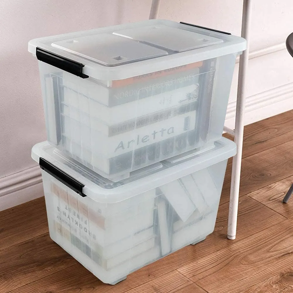 35 Quart Plastic Storage Bin, 4 Packs, Latching Storage Box with Wheels