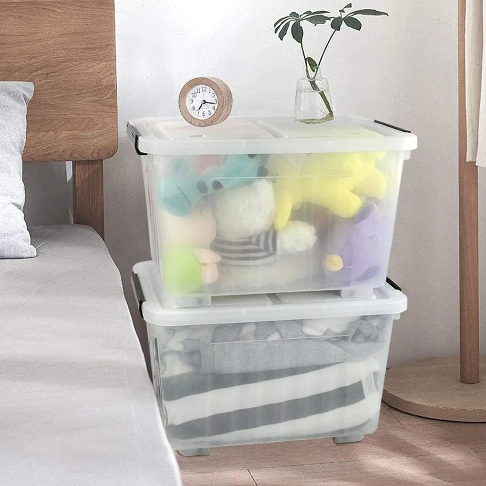 35 Quart Plastic Storage Bin, 4 Packs, Latching Storage Box with Wheels