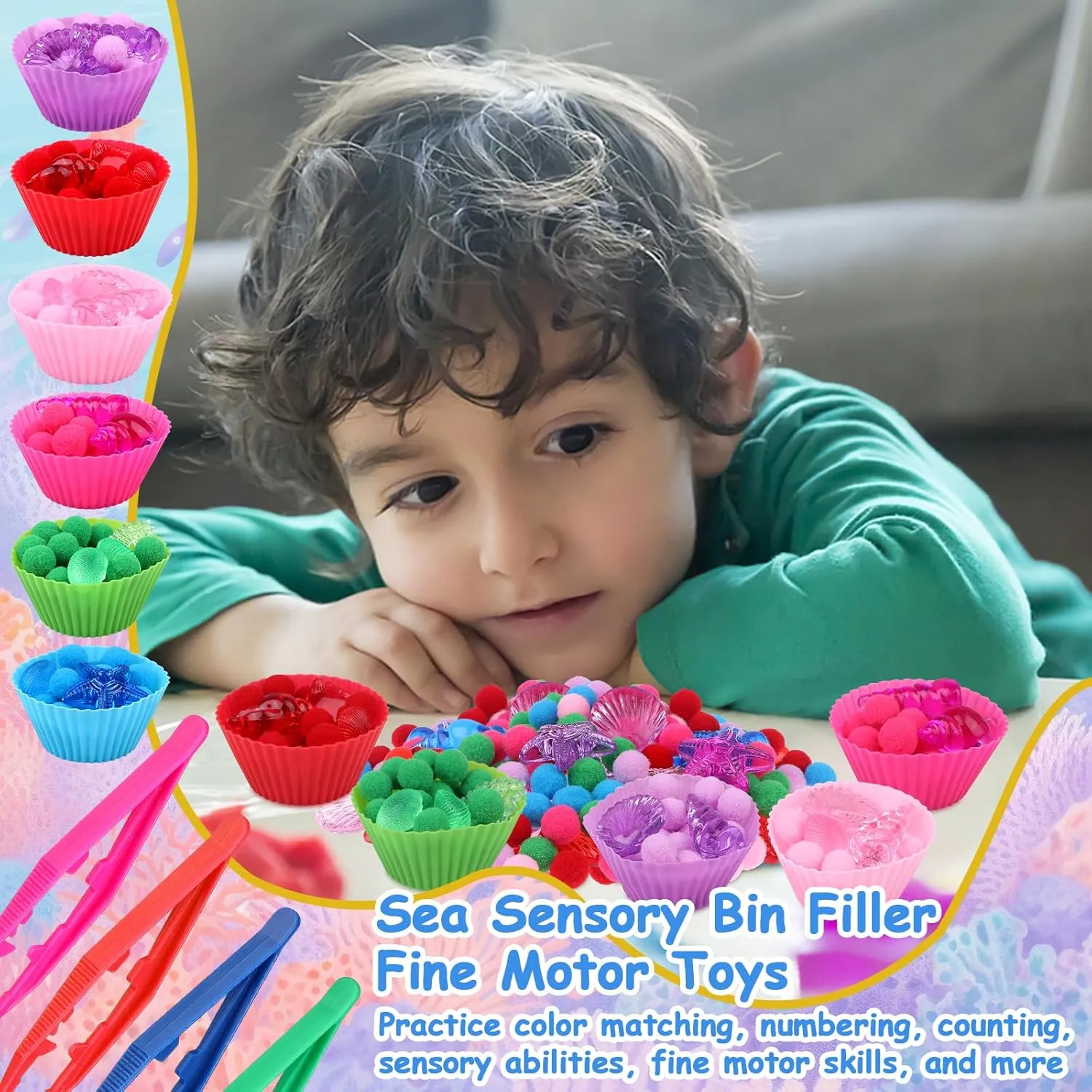 355 Pcs Summer Beach Sensory Bin Filler Fine Motor Toys Counting Sorting 200 Felt Toys 140 Resin Beach Creatures 8 Tweezers 6 Silicone Plates 1 Storage Box for Counting Sorting DIY Crafts(Summer)
