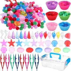 355 Pcs Summer Beach Sensory Bin Filler Fine Motor Toys Counting Sorting 200 Felt Toys 140 Resin Beach Creatures 8 Tweezers 6 Silicone Plates 1 Storage Box for Counting Sorting DIY Crafts(Summer)