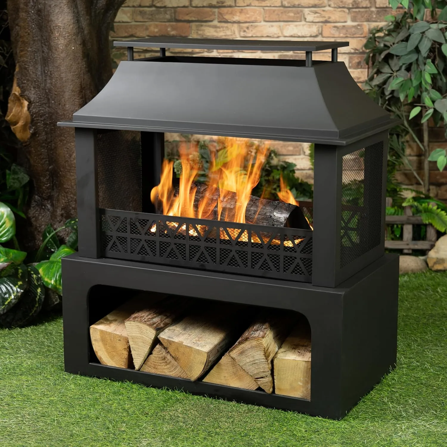 36" Rectangular Steel Outdoor Wood Burning Fireplace - Outdoor Fireplace with Adjustable Cooking Grill & Log Storage Compartment - Camping Fire Place with Safety Screen and Poker