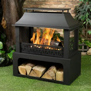36" Rectangular Steel Outdoor Wood Burning Fireplace - Outdoor Fireplace with Adjustable Cooking Grill & Log Storage Compartment - Camping Fire Place with Safety Screen and Poker
