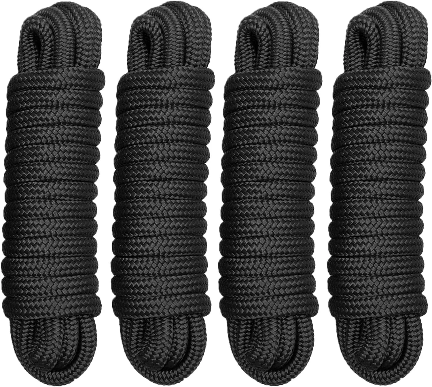 3/8" x 20' Double Braid Nylon Boat Dock Lines, 4 Pack Black Marine Rope Boat Lines for Watercraft Docking