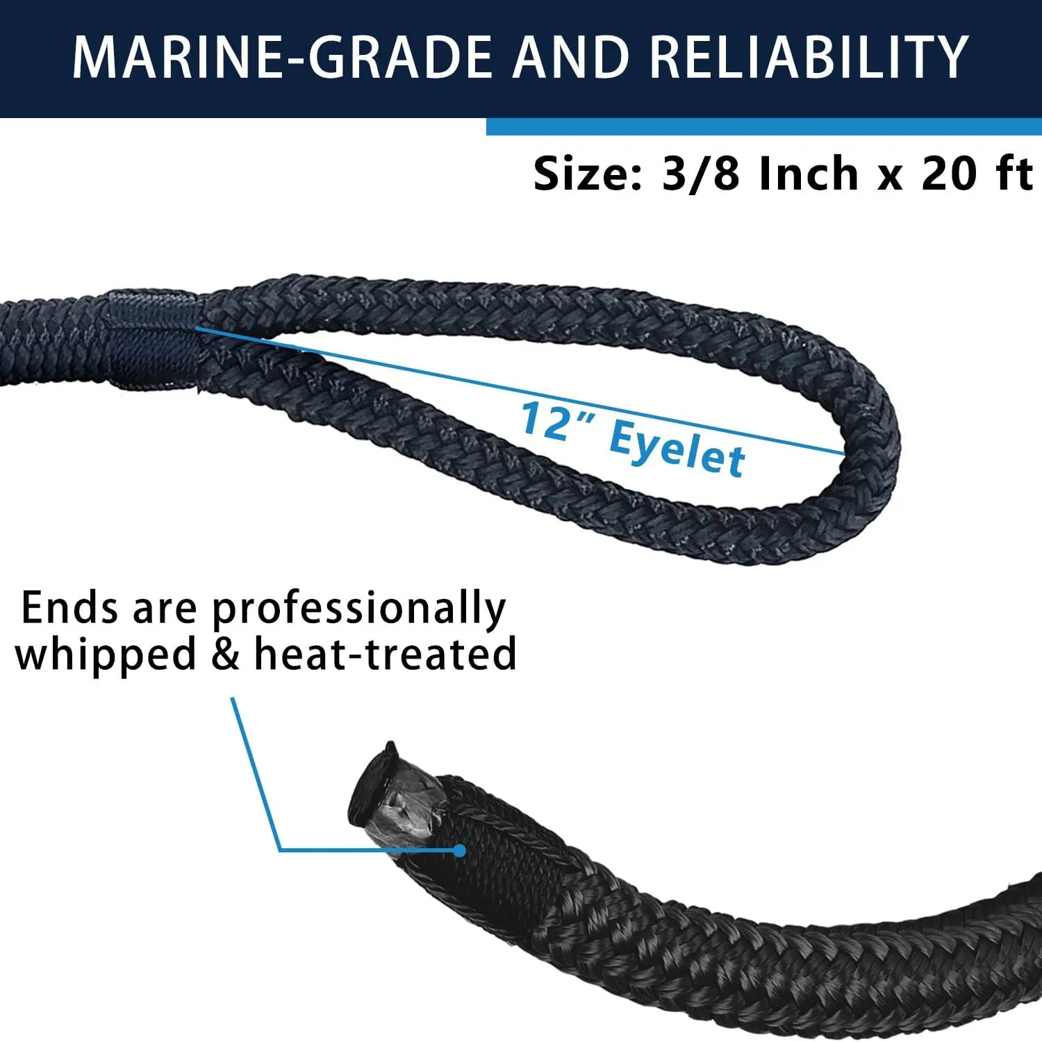 3/8" x 20' Double Braid Nylon Boat Dock Lines, 4 Pack Black Marine Rope Boat Lines for Watercraft Docking