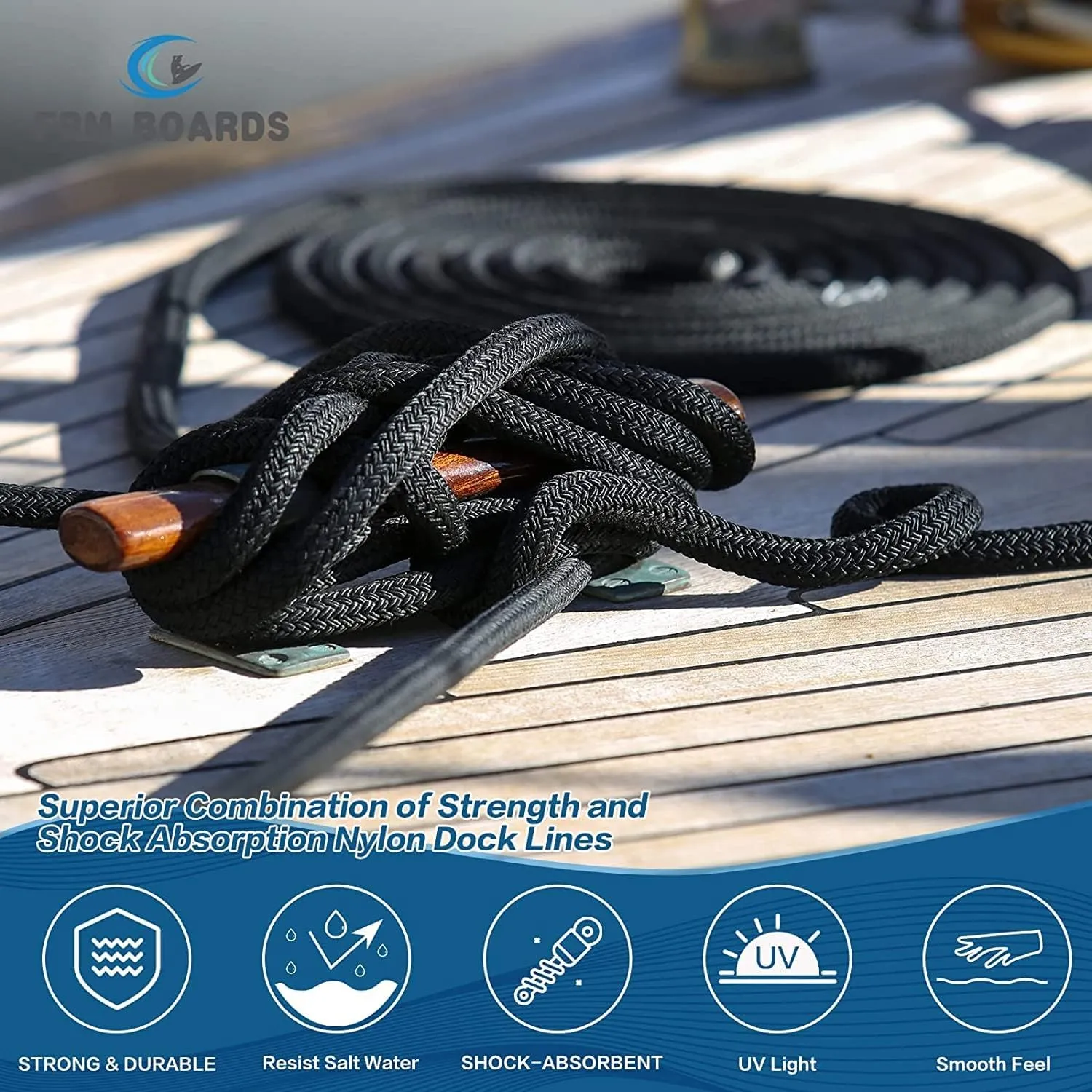 3/8" x 20' Double Braid Nylon Boat Dock Lines, 4 Pack Black Marine Rope Boat Lines for Watercraft Docking