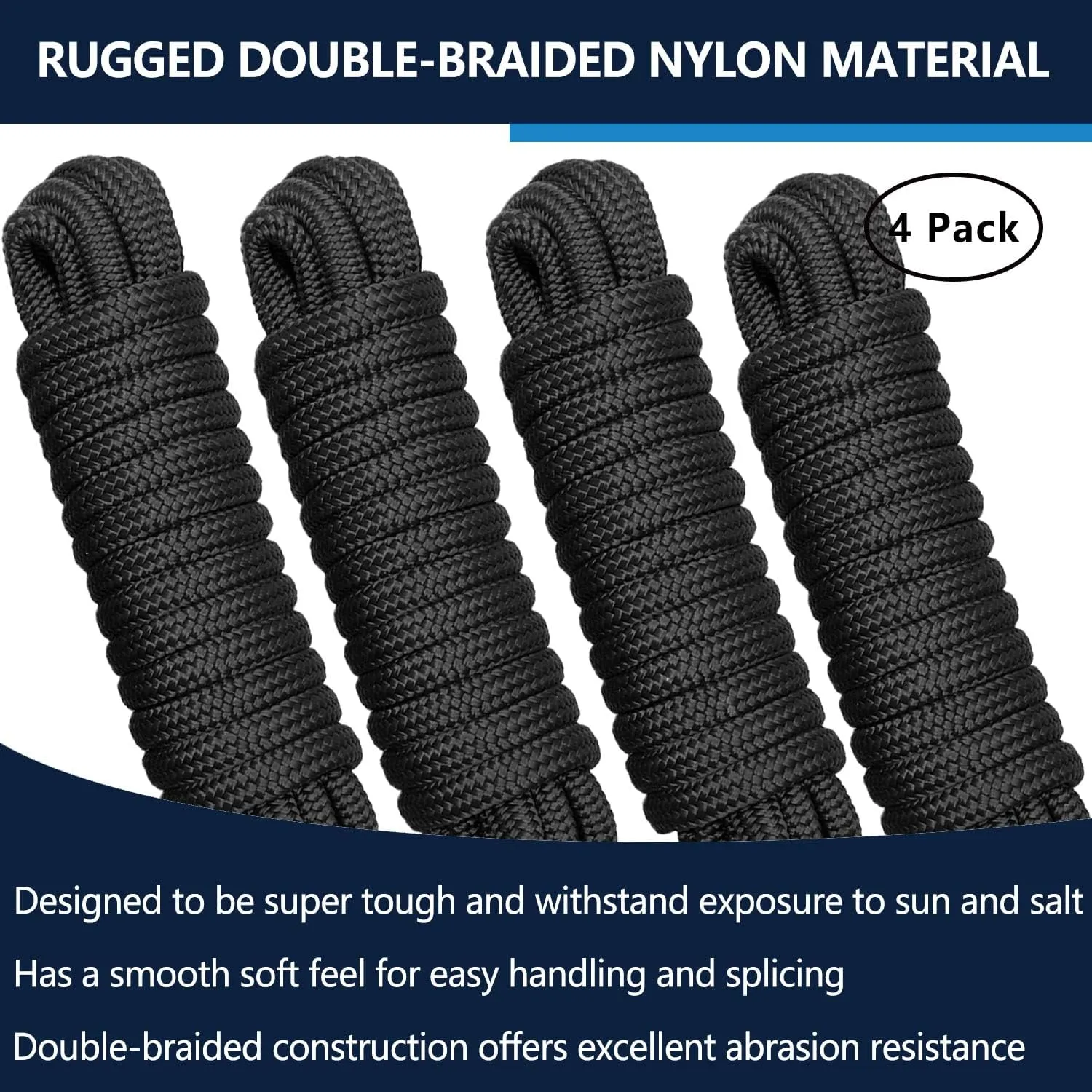 3/8" x 20' Double Braid Nylon Boat Dock Lines, 4 Pack Black Marine Rope Boat Lines for Watercraft Docking