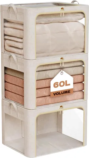 3Pack 60L Large Cloth Storage Bins with Metal Frame, Linen Storage Box with Clear Window, Stackable Sweater Storage for Closet, Clothes Containers for Comforters, Blankets, Quilts, T-shirt