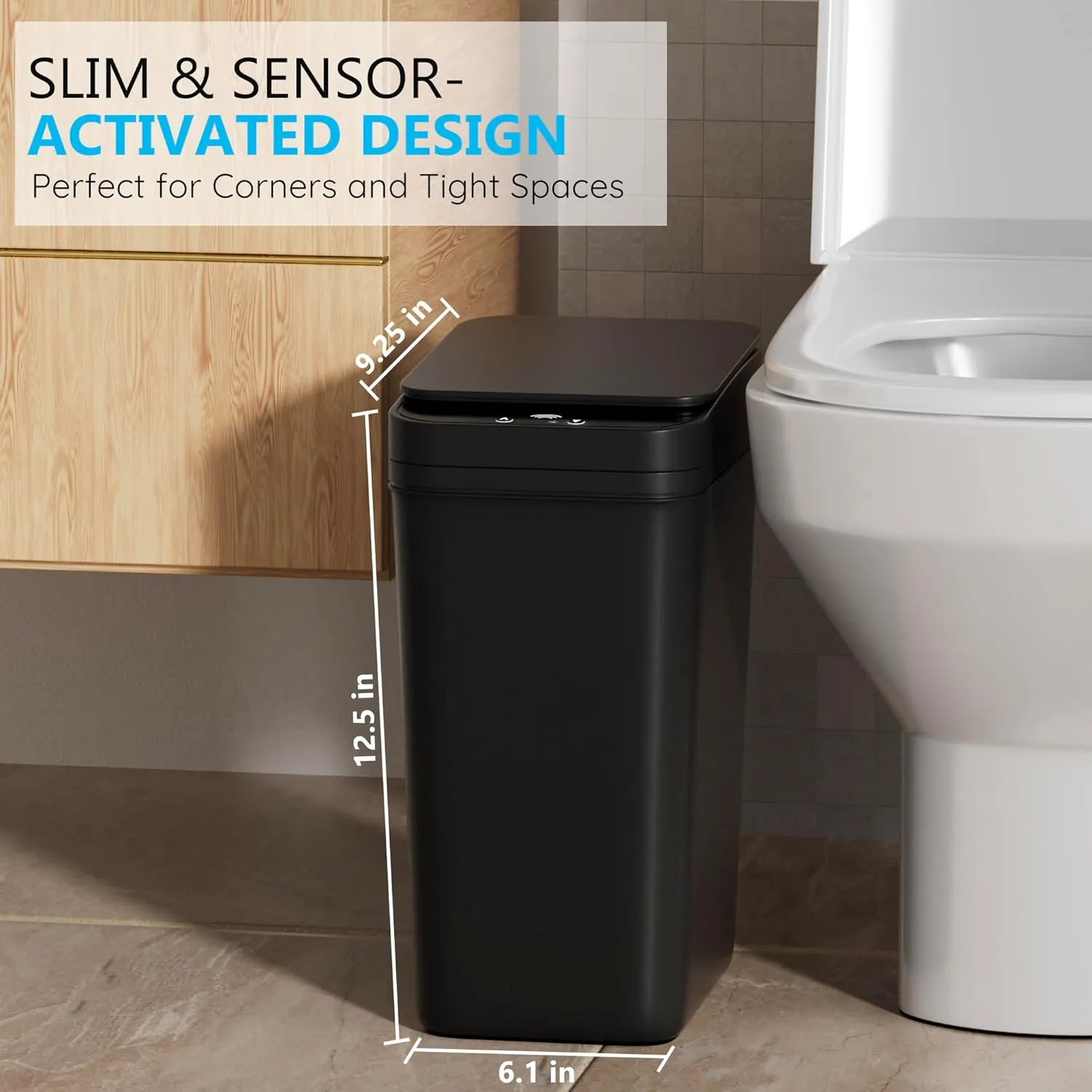 3Pack Bathroom Small Trash Can with Lid, 2.6 Gallon Touchless Automatic Garbage Can Slim Waterproof Motion Sensor Smart Trash Bin for Bedroom, Office, Living Room-Black
