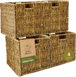 4 Pack Collapsible Storage Bins - 12x12 Wicker Storage Cubes, 12 inch Storage Baskets For Organizing, IKEA Shelves, Kallax Inserts, Closet, Office – Foldable Storage Basket For Shelves, Toys, Clothes
