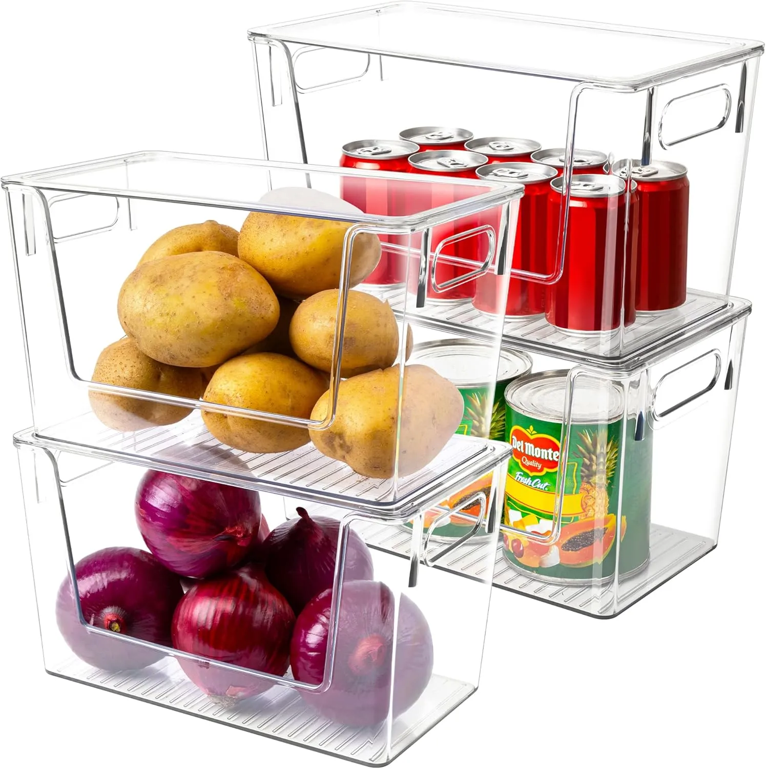 4 Pack Large Stackable Storage Bins, Plastic Container Organizer with Open Front, Pantry Organizers and Storage for Potato, Onion, Fruit and Vegetable, Clear Kitchen Laundry Organizer with Lid