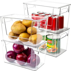 4 Pack Large Stackable Storage Bins, Plastic Container Organizer with Open Front, Pantry Organizers and Storage for Potato, Onion, Fruit and Vegetable, Clear Kitchen Laundry Organizer with Lid