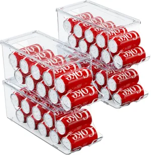 4 Pack Stackable Refrigerator Organizer, Soda Can Dispenser Pop Cans Container Beverage Holder with Lid for Fridge, Freezer, Kitchen, Clear Plastic Storage Bins-Holds 10 Cans Each -Transparent