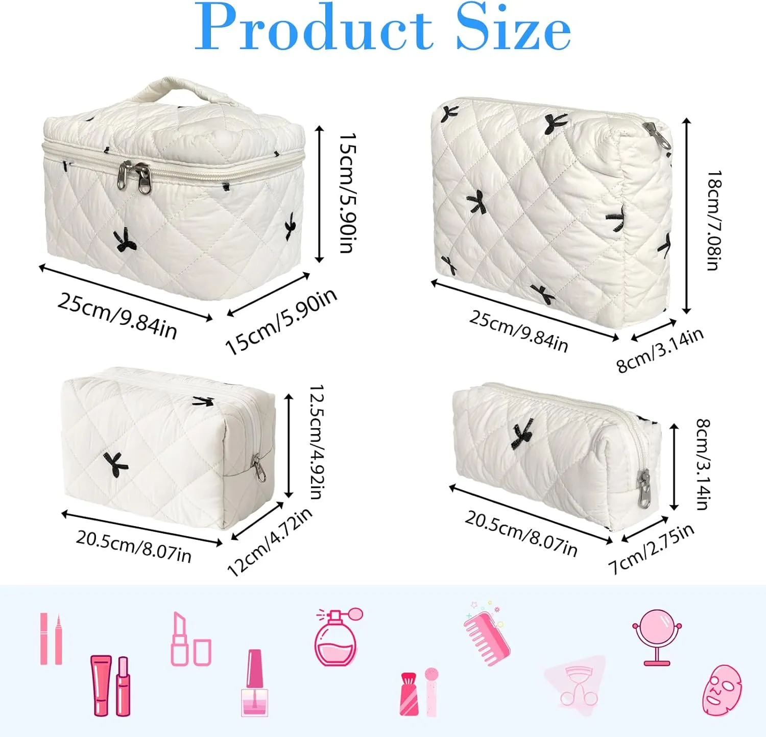 4 Piece Cute Bow Embroidered Quilted Makeup Bag Set, Large Capacity Travel Makeup Bags for Women and Girls, Includes Small, Small-Medium,Medium, and Extra Large aesthetic makeup&Cosmetic Bags