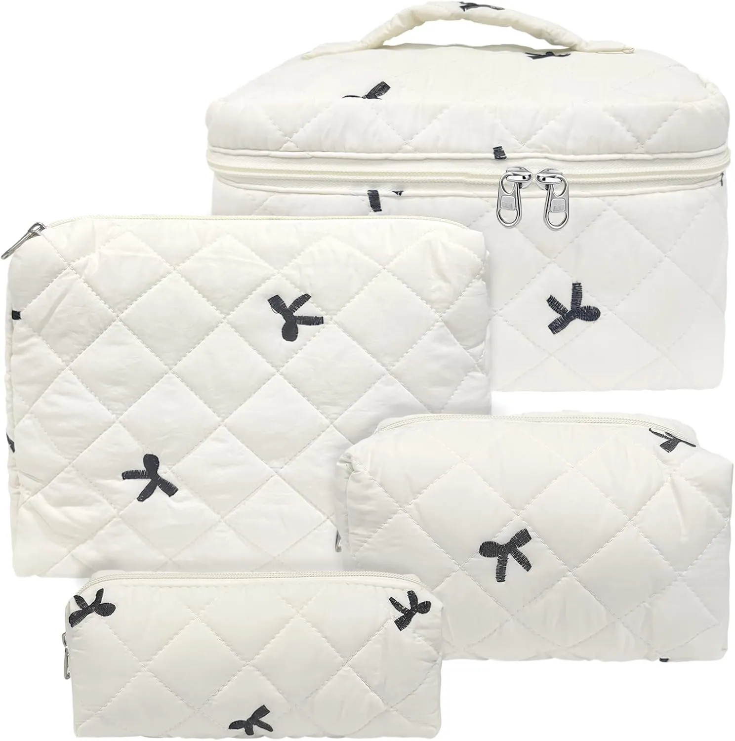 4 Piece Cute Bow Embroidered Quilted Makeup Bag Set, Large Capacity Travel Makeup Bags for Women and Girls, Includes Small, Small-Medium,Medium, and Extra Large aesthetic makeup&Cosmetic Bags