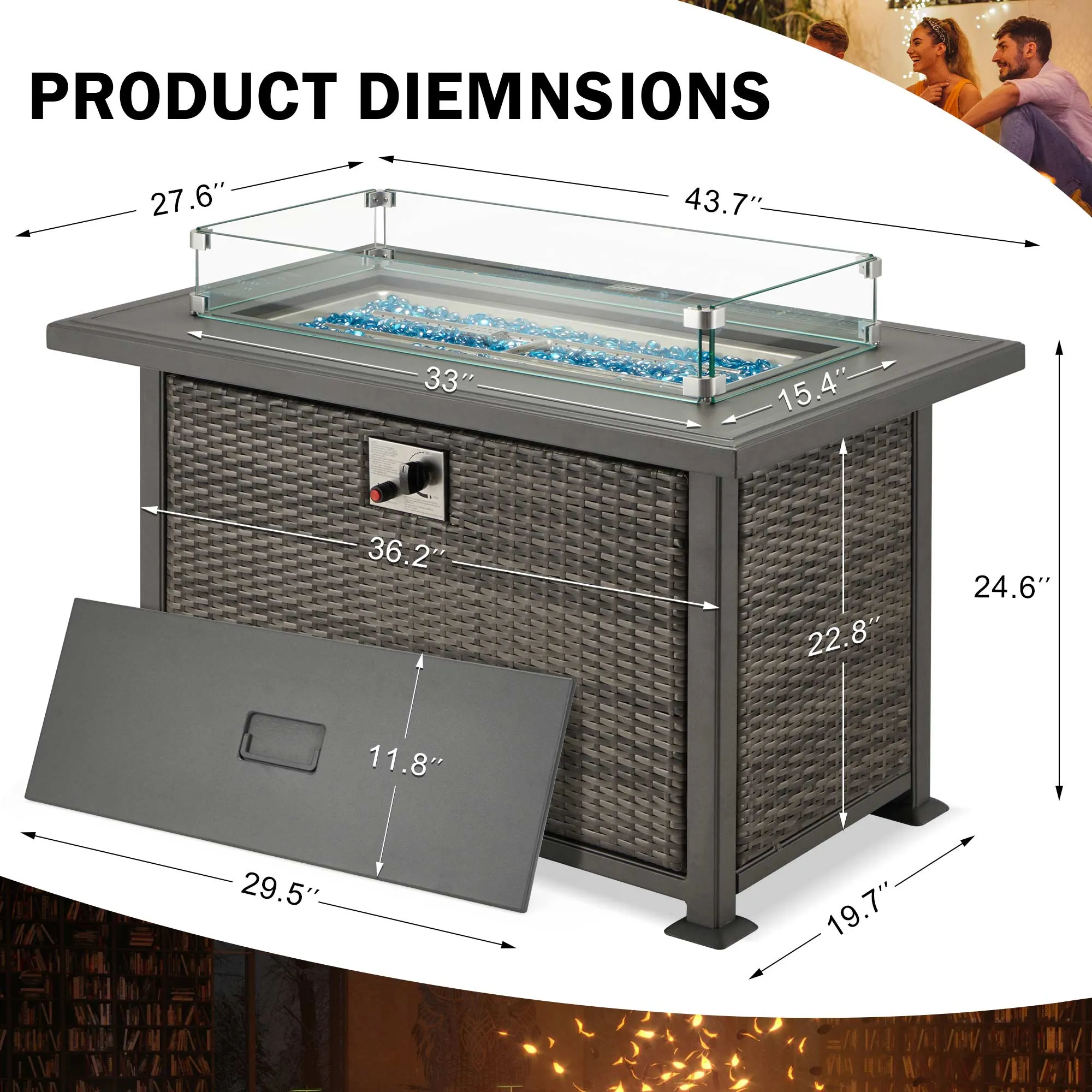 44 in Auto-Ignition Propane Fire Pit with Aluminum Table Top and Glass Wind Guard, Dark Gray