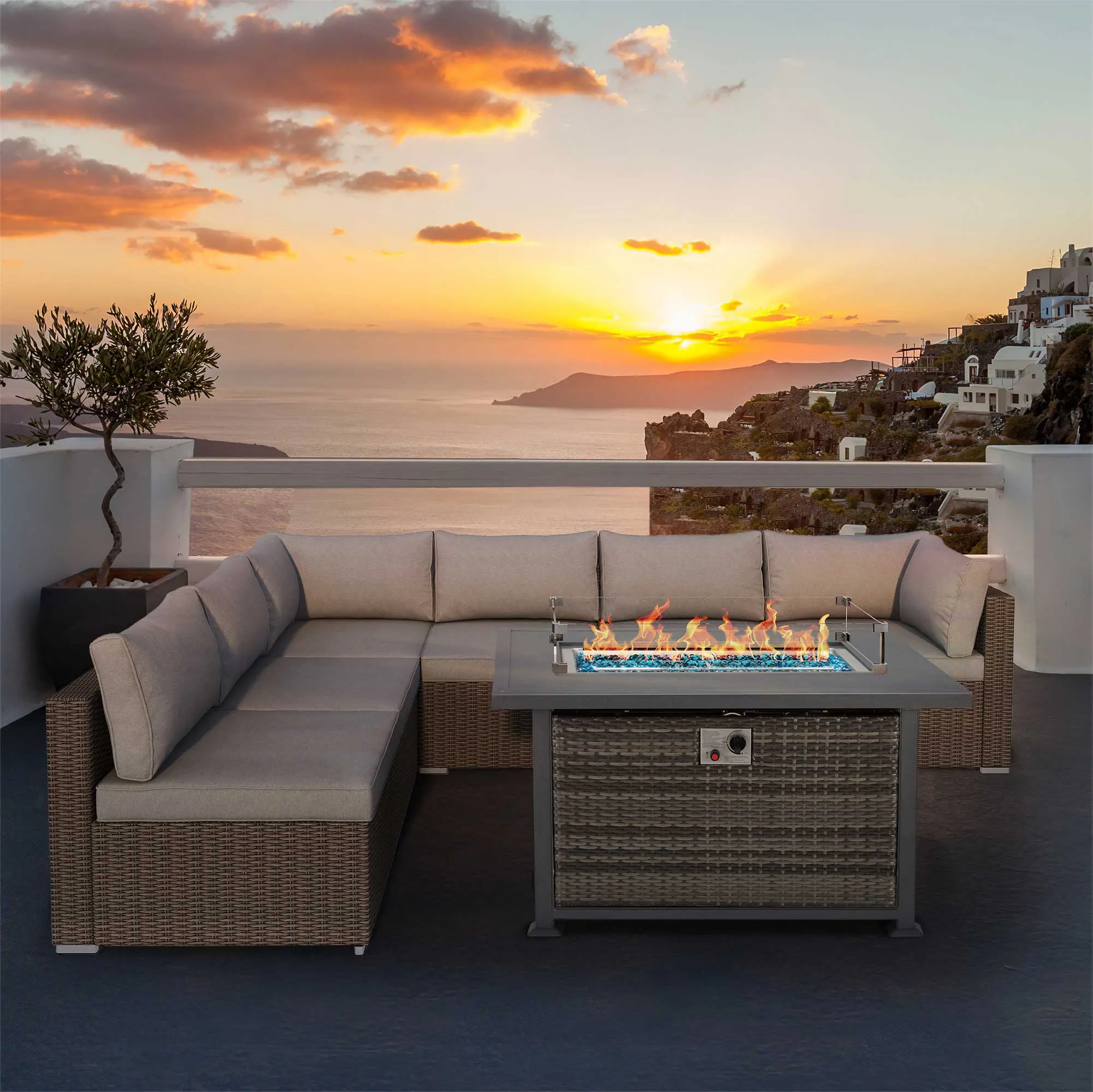 44 in Auto-Ignition Propane Fire Pit with Aluminum Table Top and Glass Wind Guard, Dark Gray