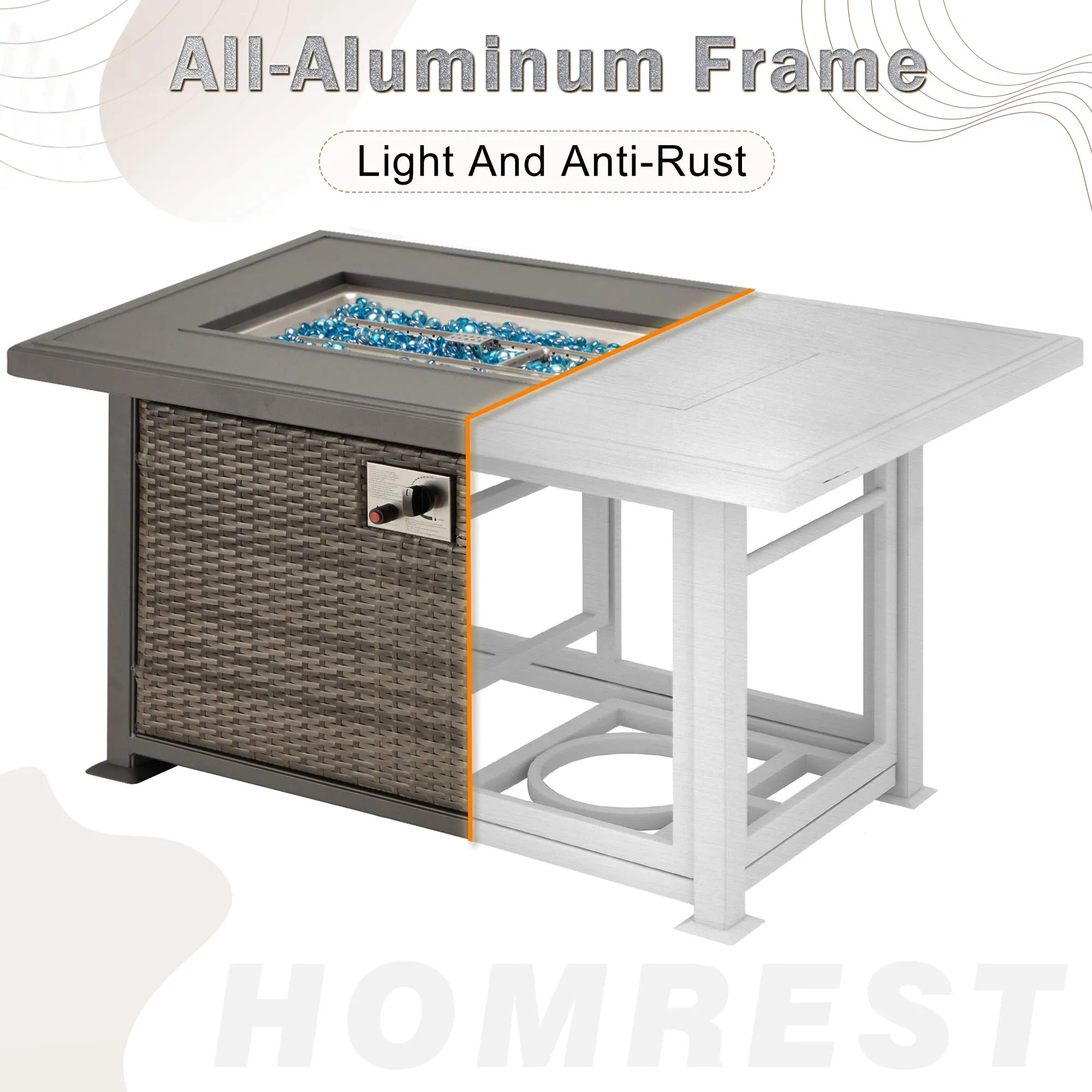 44 in Auto-Ignition Propane Fire Pit with Aluminum Table Top and Glass Wind Guard, Dark Gray