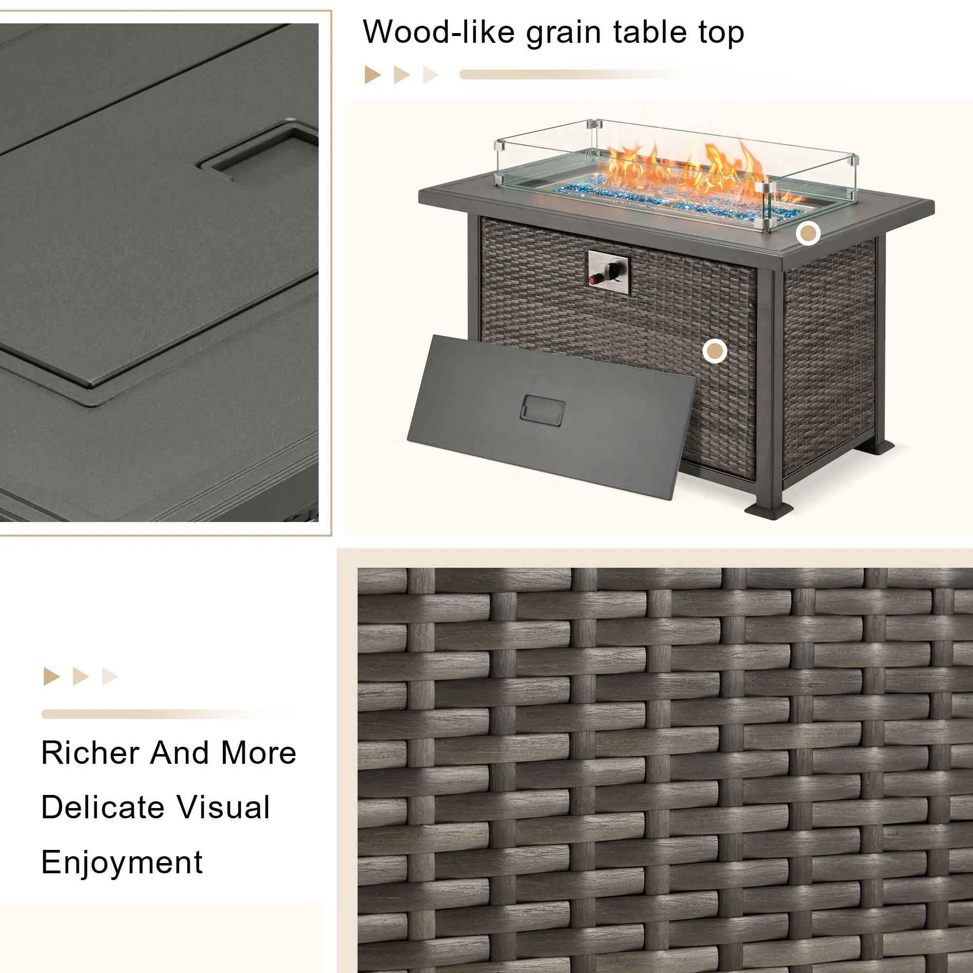 44 in Auto-Ignition Propane Fire Pit with Aluminum Table Top and Glass Wind Guard, Dark Gray