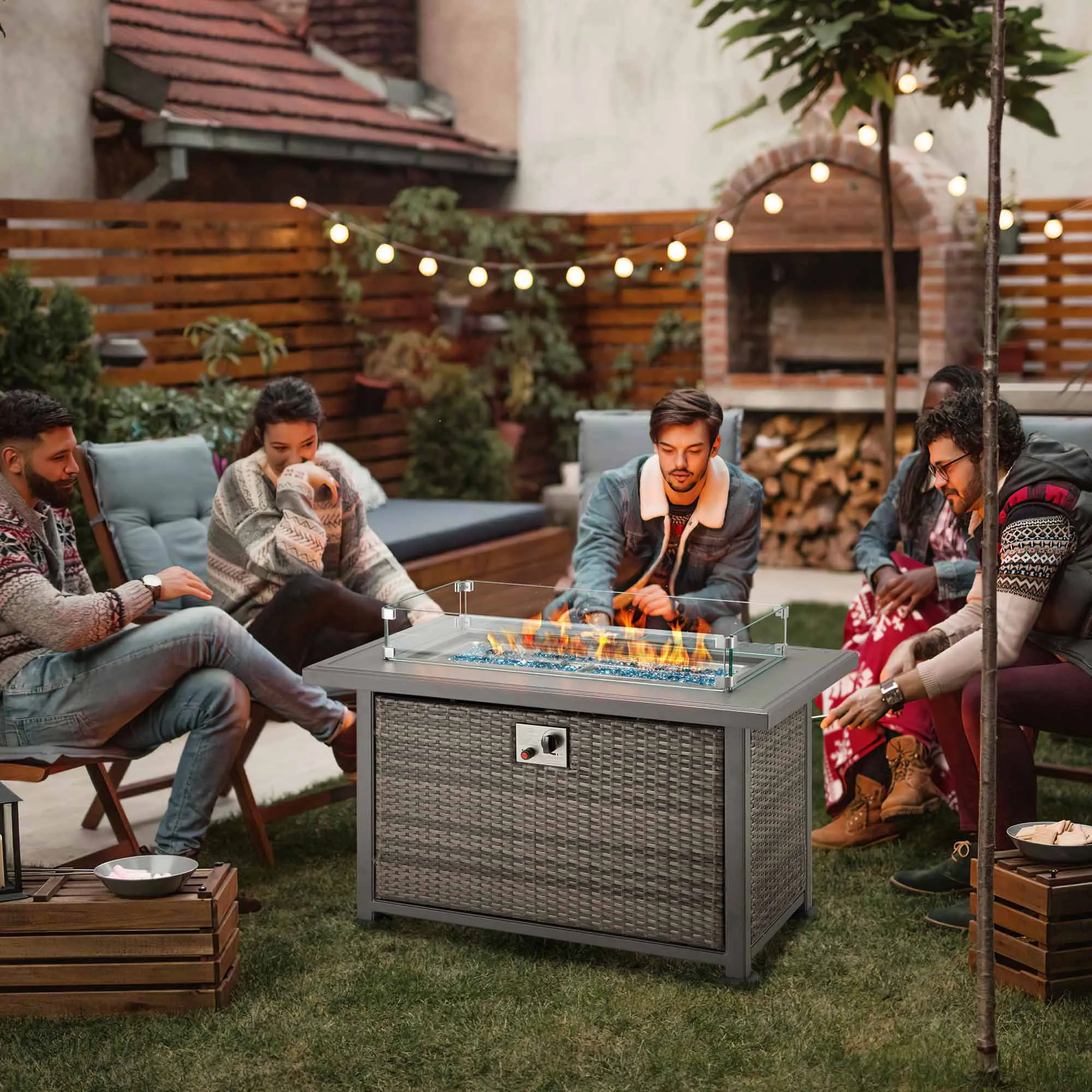 44 in Auto-Ignition Propane Fire Pit with Aluminum Table Top and Glass Wind Guard, Dark Gray