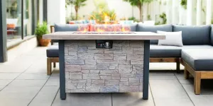 44" W x 25" H Outdoor Patio Propane Gas Fire Pit Table, High Temperature Resistant, Cultured Stone Effect, Walnut & Black