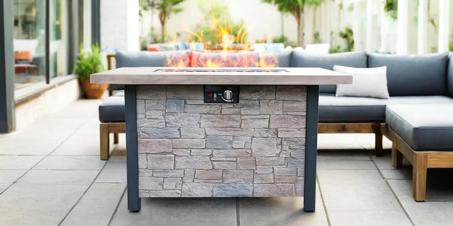 44" W x 25" H Outdoor Patio Propane Gas Fire Pit Table, High Temperature Resistant, Cultured Stone Effect, Walnut & Black