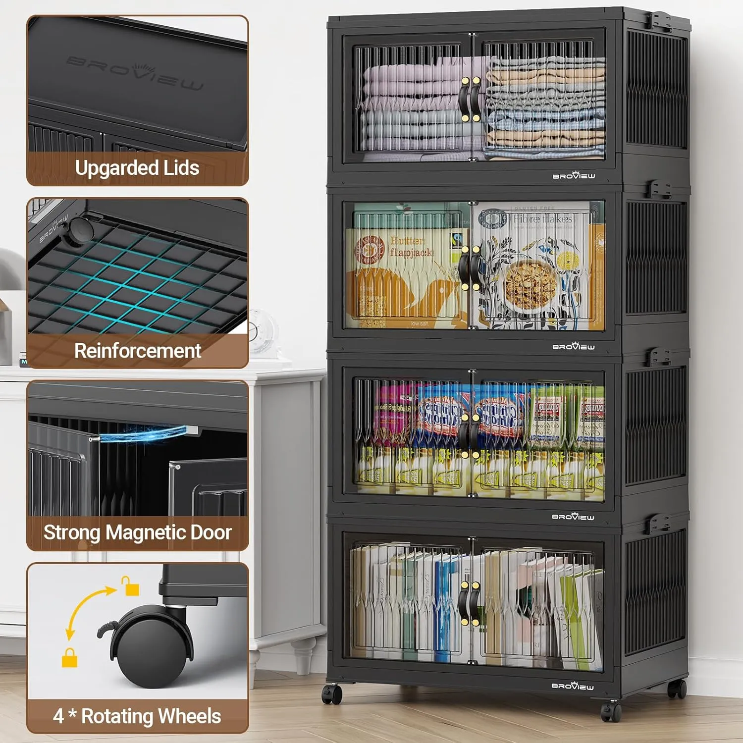 480 Qt Stackable Storage Bins with Lids, Plastic Closet Organizers and Storage Drawer, Collapsible Storage Box with Wheels, Folding Storage Cabinet for Closet Clothes Organization, 4Pack Black