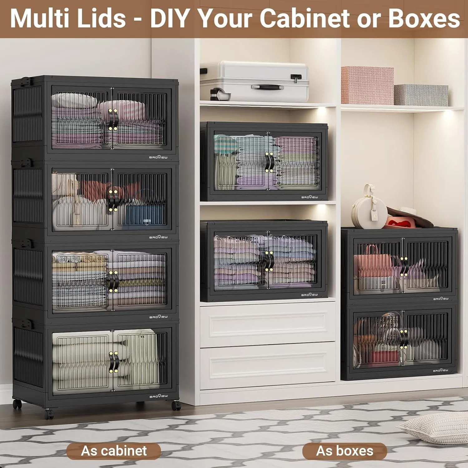 480 Qt Stackable Storage Bins with Lids, Plastic Closet Organizers and Storage Drawer, Collapsible Storage Box with Wheels, Folding Storage Cabinet for Closet Clothes Organization, 4Pack Black