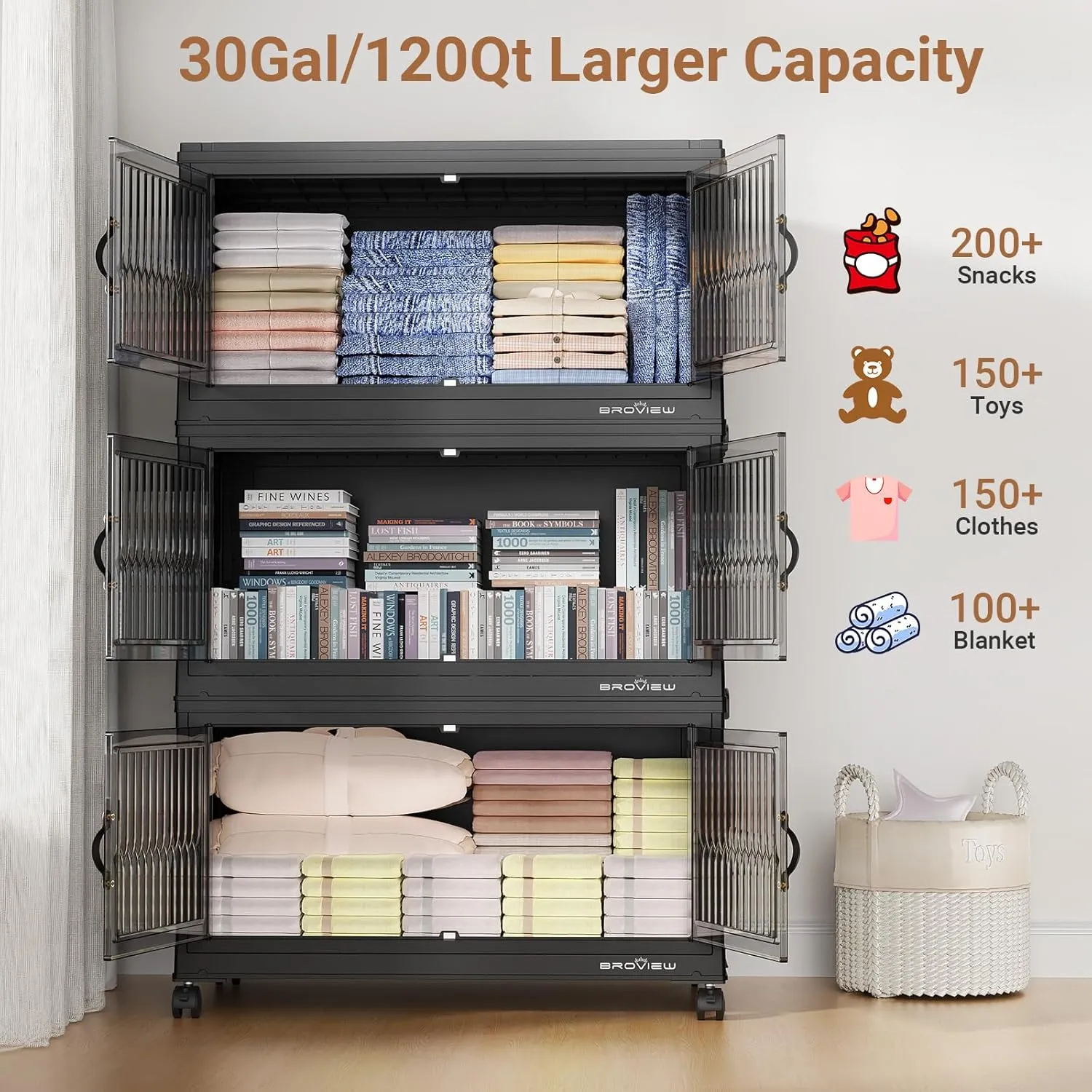 480 Qt Stackable Storage Bins with Lids, Plastic Closet Organizers and Storage Drawer, Collapsible Storage Box with Wheels, Folding Storage Cabinet for Closet Clothes Organization, 4Pack Black