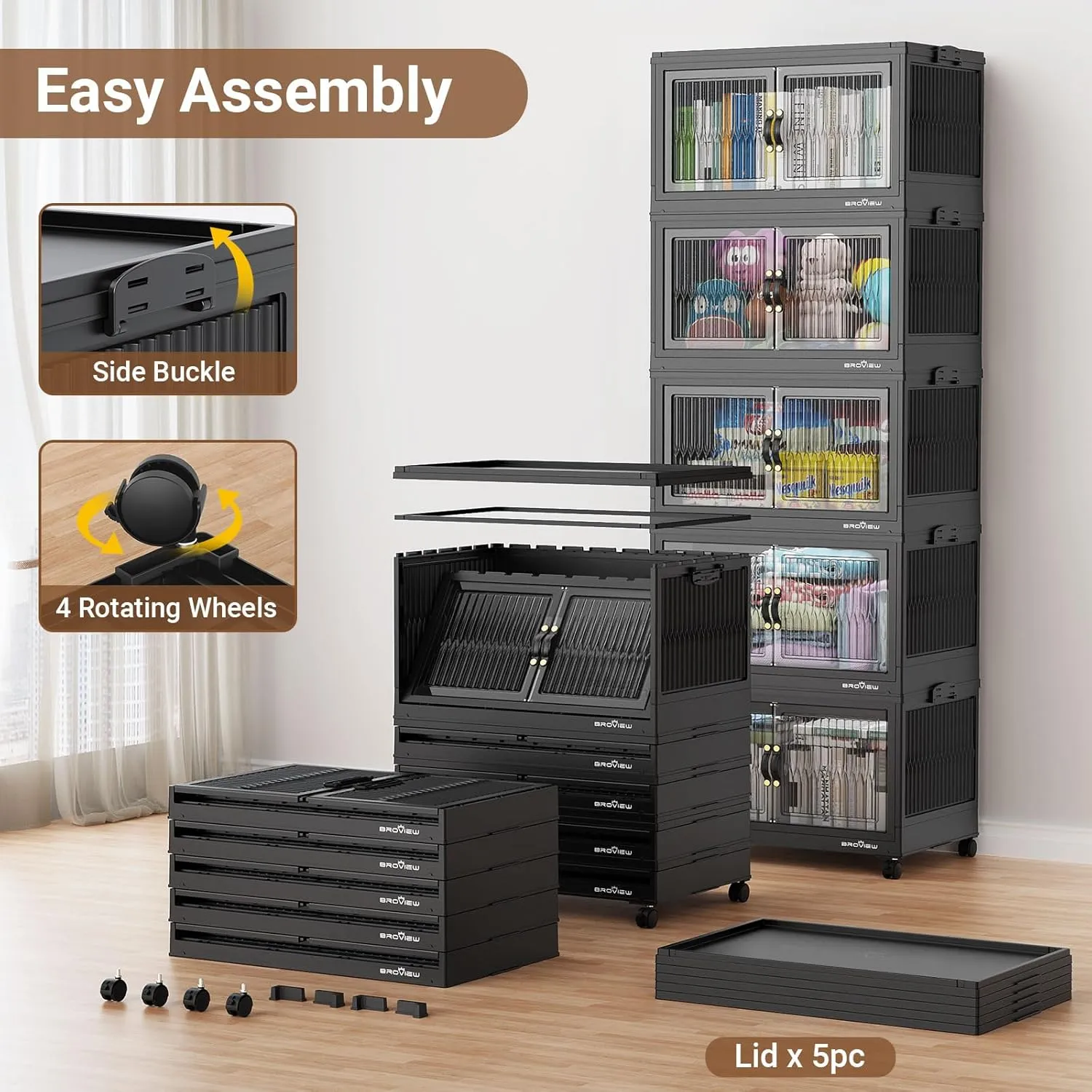 480 Qt Stackable Storage Bins with Lids, Plastic Closet Organizers and Storage Drawer, Collapsible Storage Box with Wheels, Folding Storage Cabinet for Closet Clothes Organization, 4Pack Black