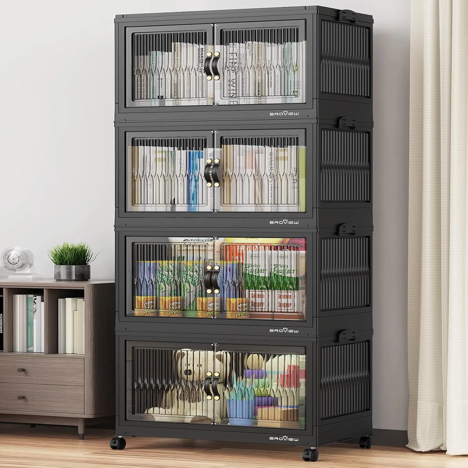 480 Qt Stackable Storage Bins with Lids, Plastic Closet Organizers and Storage Drawer, Collapsible Storage Box with Wheels, Folding Storage Cabinet for Closet Clothes Organization, 4Pack Black