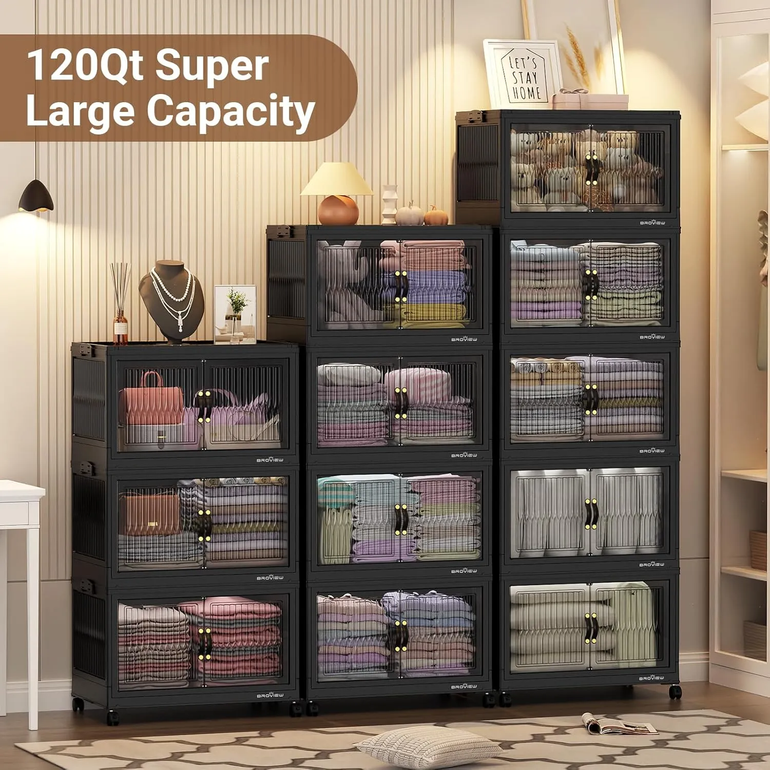 480 Qt Stackable Storage Bins with Lids, Plastic Closet Organizers and Storage Drawer, Collapsible Storage Box with Wheels, Folding Storage Cabinet for Closet Clothes Organization, 4Pack Black